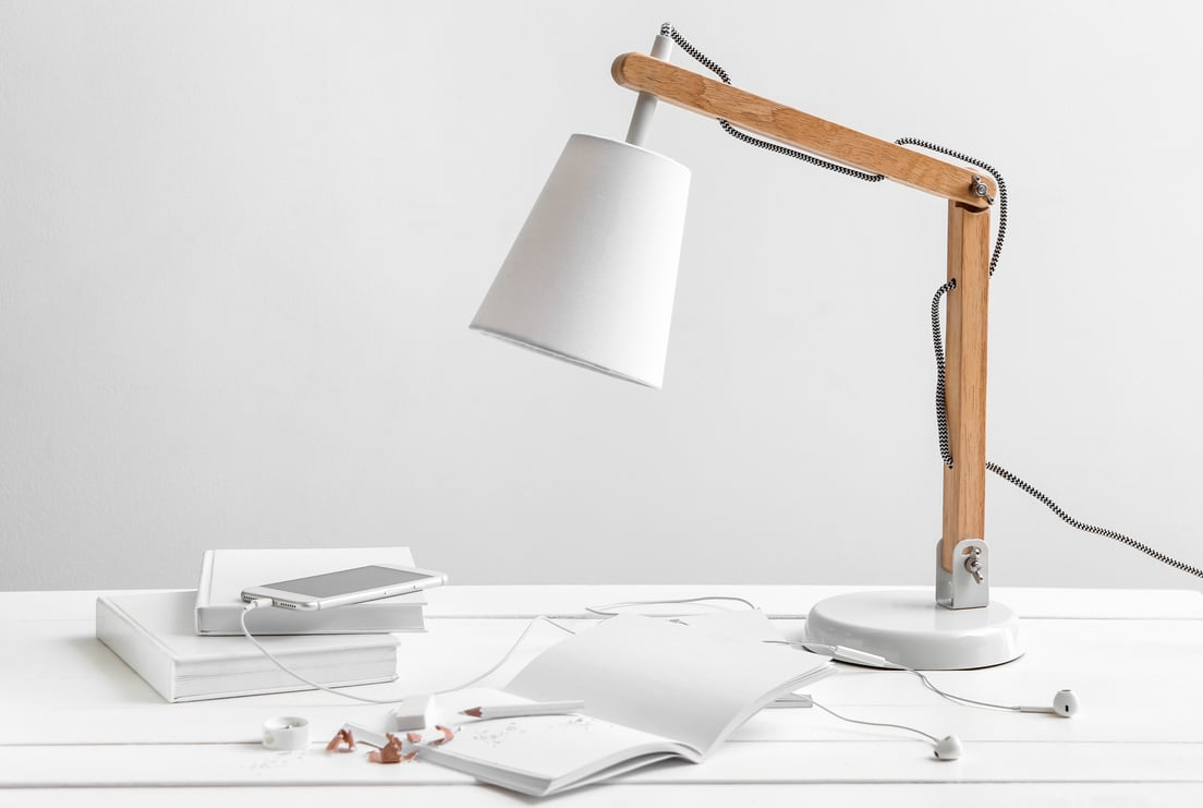 Notebooks, Lamp and Mobile Phone on White Table